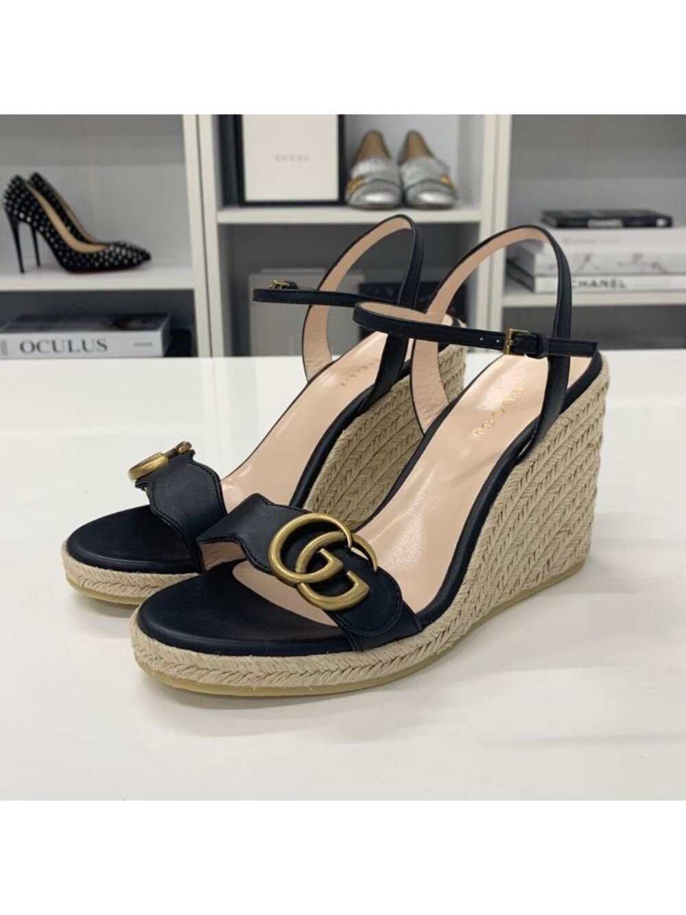 Gucci Leather Double G Wedge Sole Espadrille Sandals Black - Picture 4 of 11